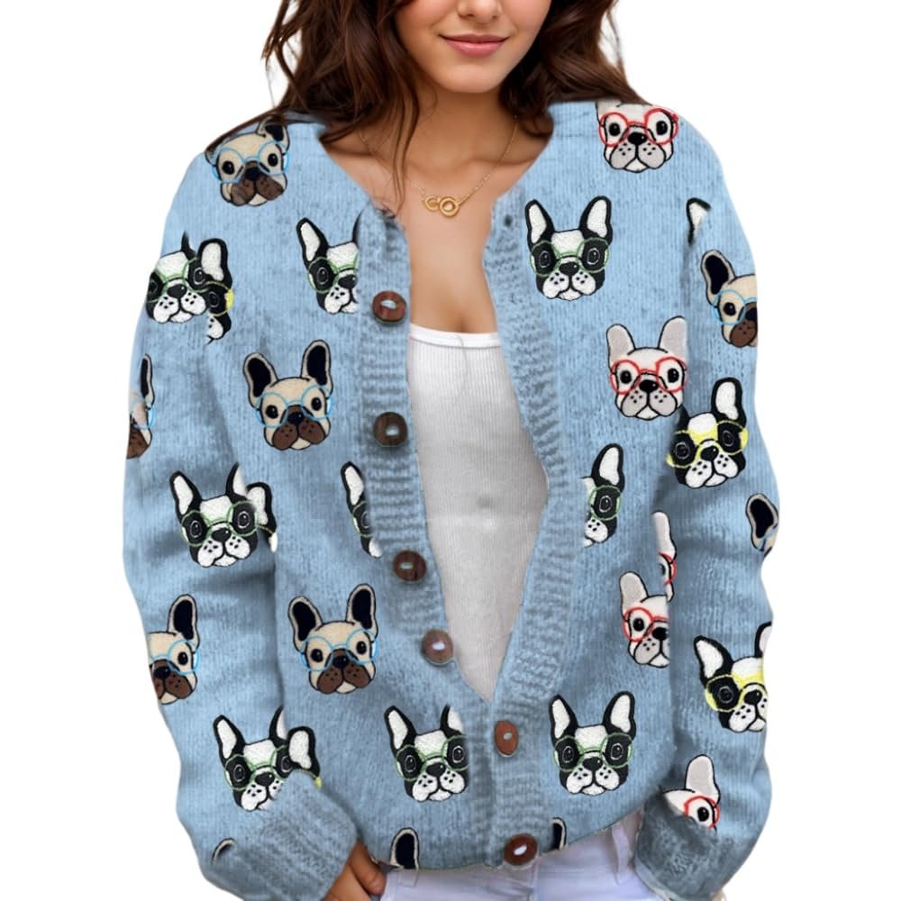 Akivide Women's Fall Cute Floral Print Open Front Knit Cardigan Sweater Winter Casual Loose Button Down Long Sleeve Coat