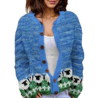 Akivide Women's Fall Cute Floral Print Open Front Knit Cardigan Sweater Winter Casual Loose Button Down Long Sleeve Coat