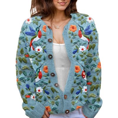 Akivide Women's Fall Cute Floral Print Open Front Knit Cardigan Sweater Winter Casual Loose Button Down Long Sleeve Coat