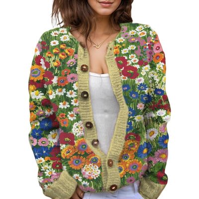 Akivide Women's Fall Cute Floral Print Open Front Knit Cardigan Sweater Winter Casual Loose Button Down Long Sleeve Coat