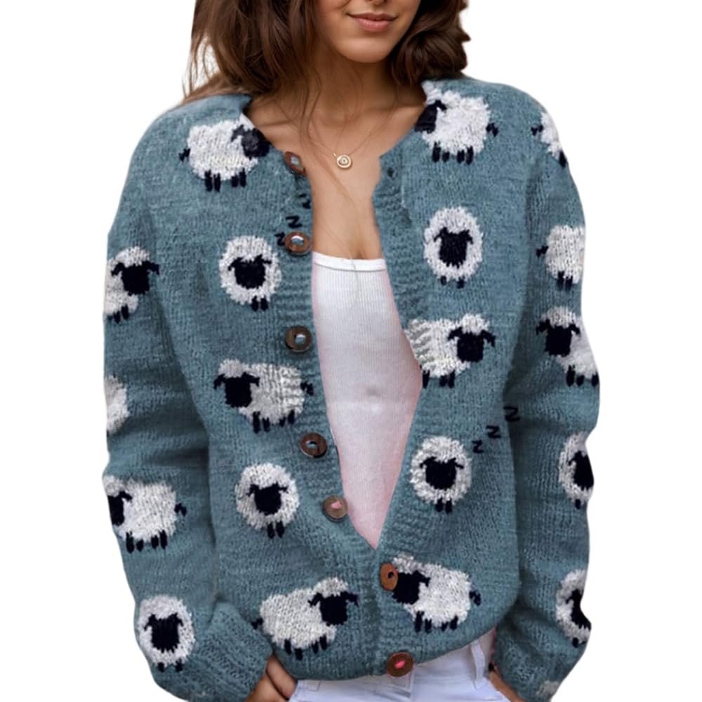 Akivide Women's Fall Cute Floral Print Open Front Knit Cardigan Sweater Winter Casual Loose Button Down Long Sleeve Coat