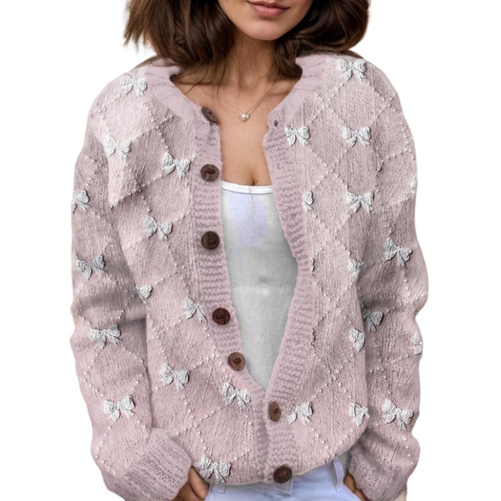 Akivide Women's Fall Cute Floral Print Open Front Knit Cardigan Sweater Winter Casual Loose Button Down Long Sleeve Coat
