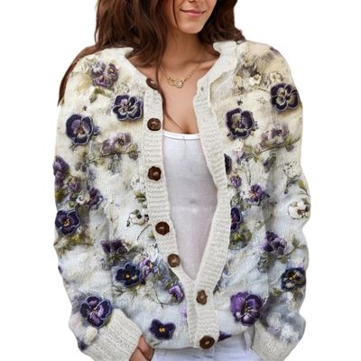 Akivide Women's Fall Cute Floral Print Open Front Knit Cardigan Sweater Winter Casual Loose Button Down Long Sleeve Coat