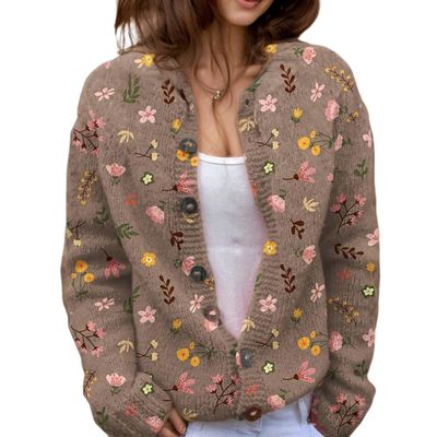 Akivide Women's Fall Cute Floral Print Open Front Knit Cardigan Sweater Winter Casual Loose Button Down Long Sleeve Coat