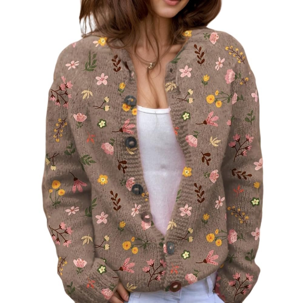 Akivide Women's Fall Cute Floral Print Open Front Knit Cardigan Sweater Winter Casual Loose Button Down Long Sleeve Coat