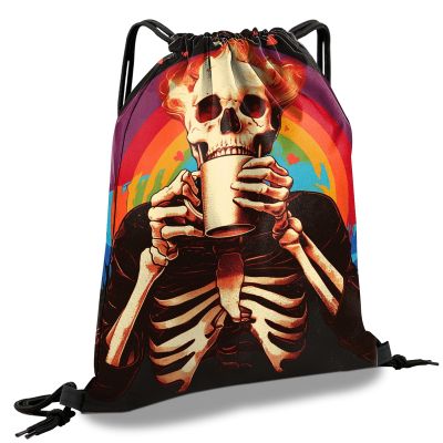 Cabreche Drawstring Backpack Draw String Sports Bags for Gym Travel Beach Waterproof Cute Sackpack Men Women Aesthetic (13"17")-Rainbow Skull
