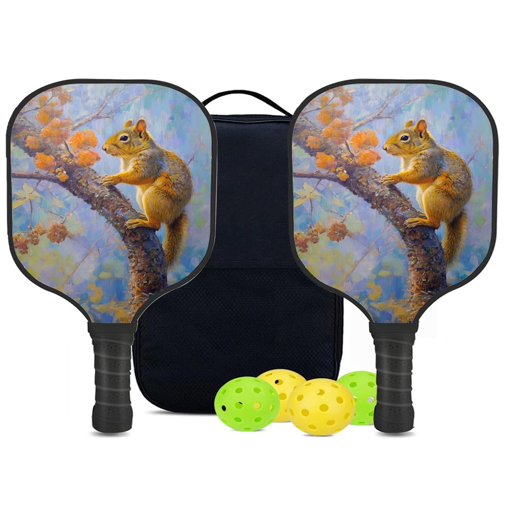 KUAVETO Carbon Fiber Pickleball Paddles Set, All The DIY Fun You can Have with Squirrel-BN3197 Pattern Custom Made Honeycomb Polymer Core- Includes 2 Paddles, 4 Balls, and a Carry Bag