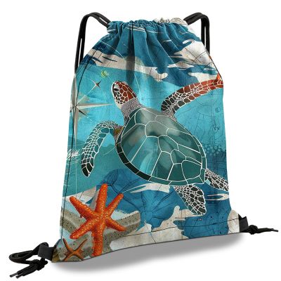 Cabreche Drawstring Backpack Draw String Sports Bags for Gym Travel Beach Waterproof Cute Sackpack Men Women Aesthetic (13"17")-Sea Turtle