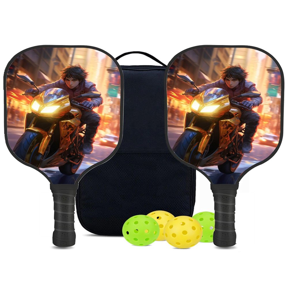 KUAVETO Carbon Fiber Pickleball Paddles Set, All The DIY Fun You can Have with Motorcycle-BV1440 Pattern Custom Made Honeycomb Polymer Core- Includes 2 Paddles, 4 Balls, and a Carry Bag