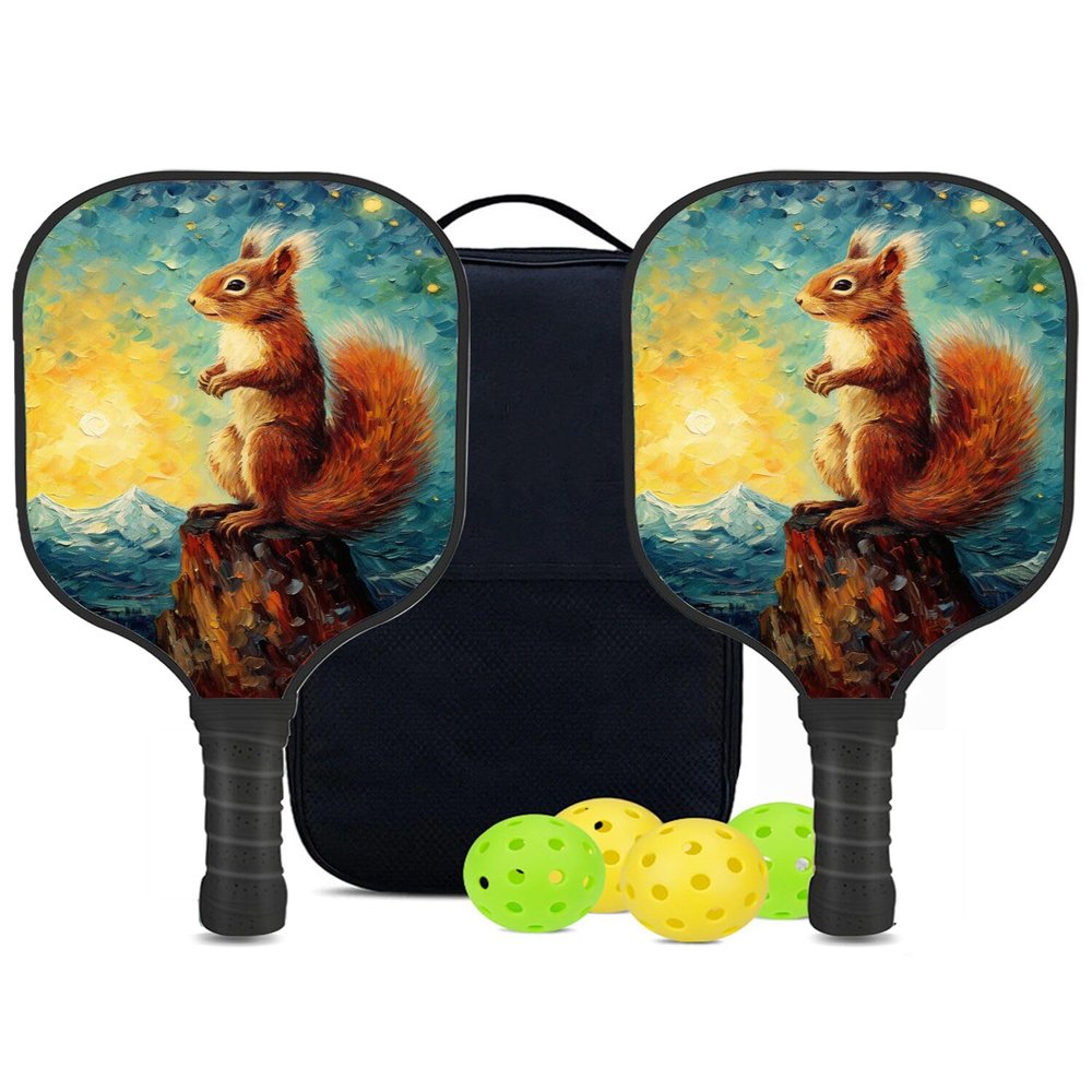 KUAVETO Carbon Fiber Pickleball Paddles Set, All The DIY Fun You can Have with Squirrel-BN3125 Pattern Custom Made Honeycomb Polymer Core- Includes 2 Paddles, 4 Balls, and a Carry Bag