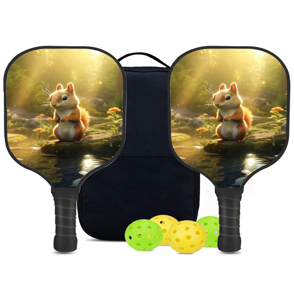 KUAVETO Carbon Fiber Pickleball Paddles Set, All The DIY Fun You can Have with Squirrel-BN3147 Pattern Custom Made Honeycomb Polymer Core- Includes 2 Paddles, 4 Balls, and a Carry Bag