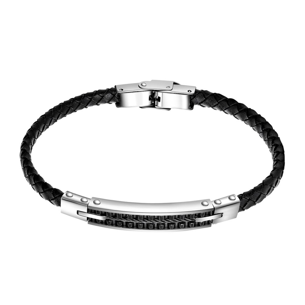 Feifuli Leather Bracelet for Dad Husband Boyfriend Son Grandson Grandpa Brother Nephew Uncle Anniversary Birthday Gift Black Leather Jewelry 8.35 INCH Bangle with Stainless Steel Clasp