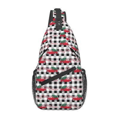 Merry Christmas Crossbody Sling Bag For Women Men Adjustable New Year Chest Bag Shoulder Bag Christmas Plaid And Truck Sling Backpack Daypack For Sport Travel Hiking