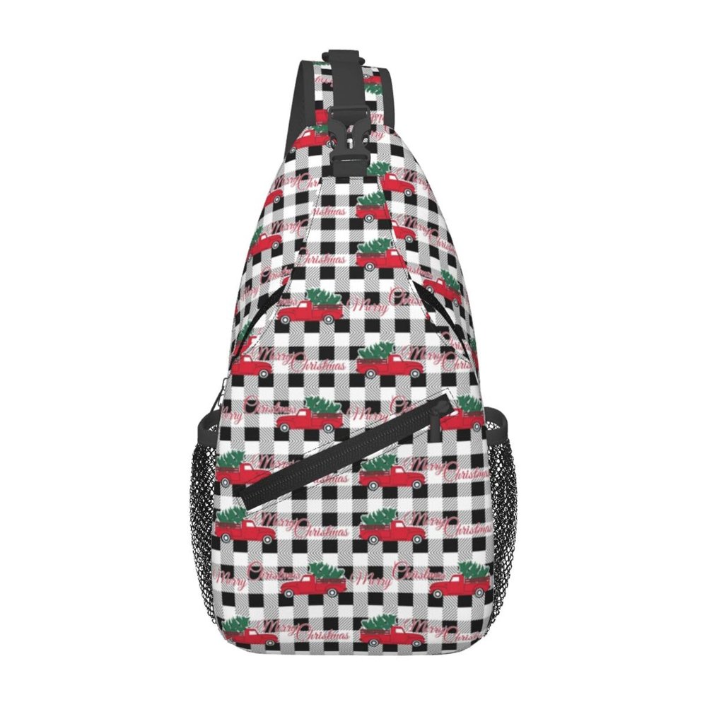 Merry Christmas Crossbody Sling Bag For Women Men Adjustable New Year Chest Bag Shoulder Bag Christmas Plaid And Truck Sling Backpack Daypack For Sport Travel Hiking