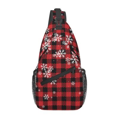 Merry Christmas Crossbody Sling Bag For Women Men Adjustable New Year Chest Bag Shoulder Bag Christmas Buffalo Plaid With Snowflake Sling Backpack Daypack For Sport Travel Hiking