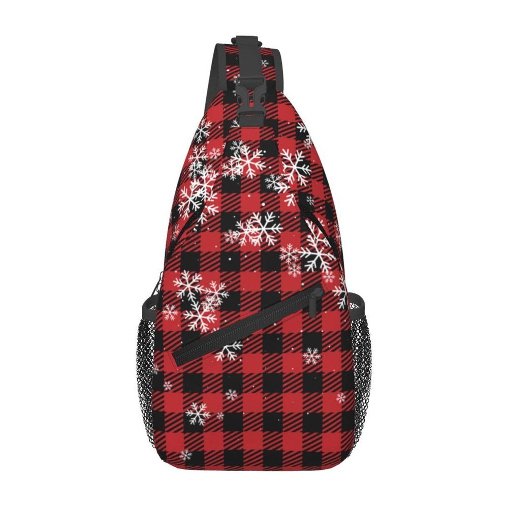 Merry Christmas Crossbody Sling Bag For Women Men Adjustable New Year Chest Bag Shoulder Bag Christmas Buffalo Plaid With Snowflake Sling Backpack Daypack For Sport Travel Hiking