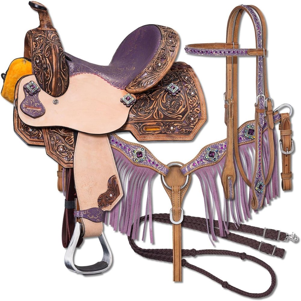 AD Saddlery Pony & Adult Classic Quality Premium Leather Comfort Western Barrel Racing Trail Equestrian Horse Saddle for Riding Headstall, Breast Collar & REINS Size: 10-18 inches Seat, BRL103 (13)