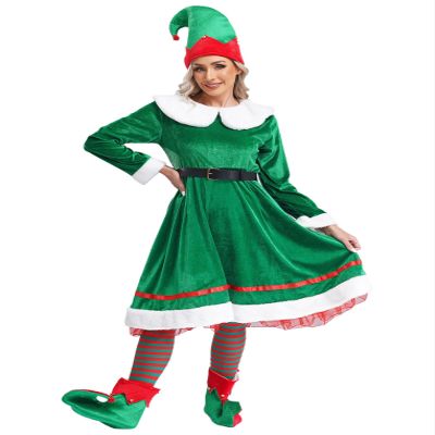 ACSUSS Womens Christmas Elf Cosplay Costume Xmas Carnival Dress with Hat Belt Shoes Stockings Set Green X-Large