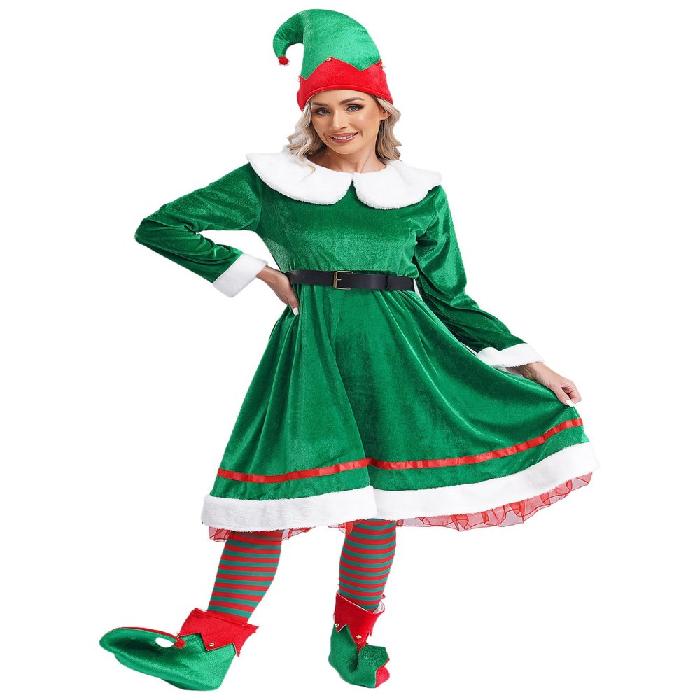 ACSUSS Womens Christmas Elf Cosplay Costume Xmas Carnival Dress with Hat Belt Shoes Stockings Set Green X-Large