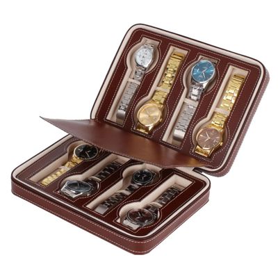 WOFASHPURET Portable Brown Watch Case Holder for Watches Stylish Travel Organizer Padded Compartments for Safe Storage and Display for Travel and Home Use