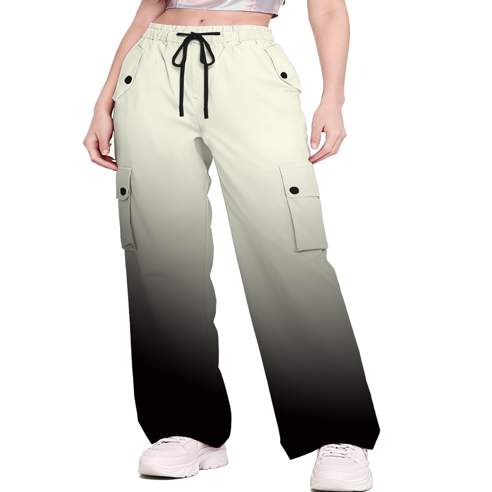 Betusline Girl's High Waist Wide Leg Cargo Pants Y2K Parachute Pants with Pockets and Drawstring, Gradient Black, 13-14 Years = Tag 170