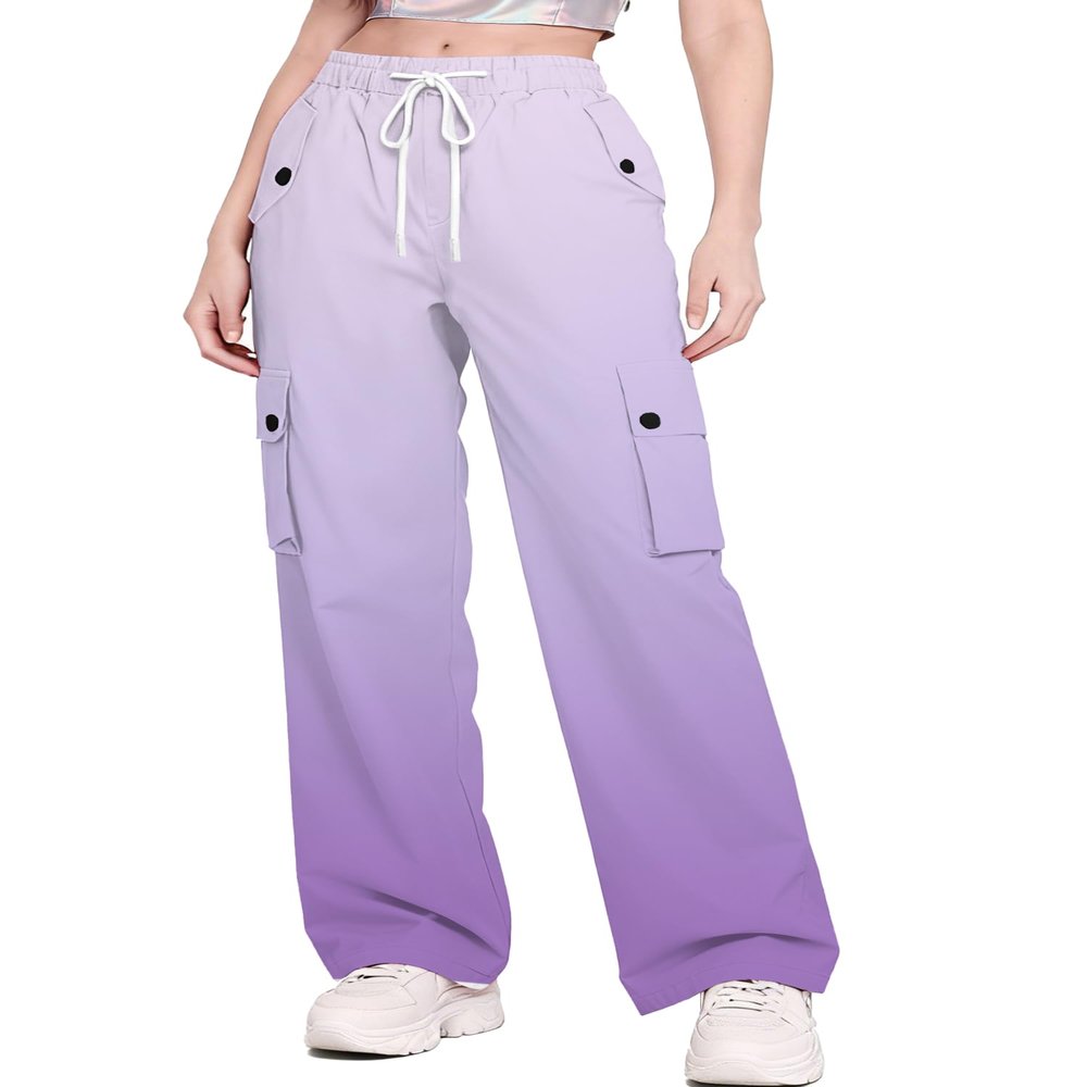 Betusline Girl's High Waist Wide Leg Cargo Pants Y2K Parachute Pants with Pockets and Drawstring, Gradient Purple, 7-8 Years = Tag 140