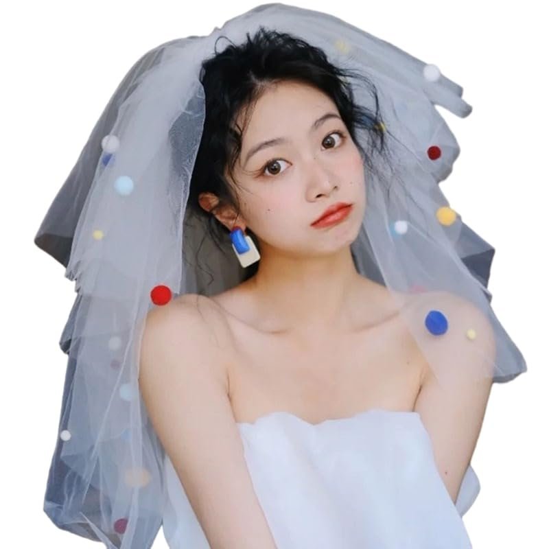 Bride Sheer Short Veil Layered Bowknot Tulle Colorful Ball Wedding Headdress