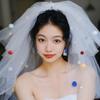 Bride Sheer Short Veil Layered Bowknot Tulle Colorful Ball Wedding Headdress view 4