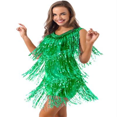 ACSUSS Women Shiny Sequins Ballroom Latin Dance Dress Salsa Tango Cha Cha Costumes Dress Green Large