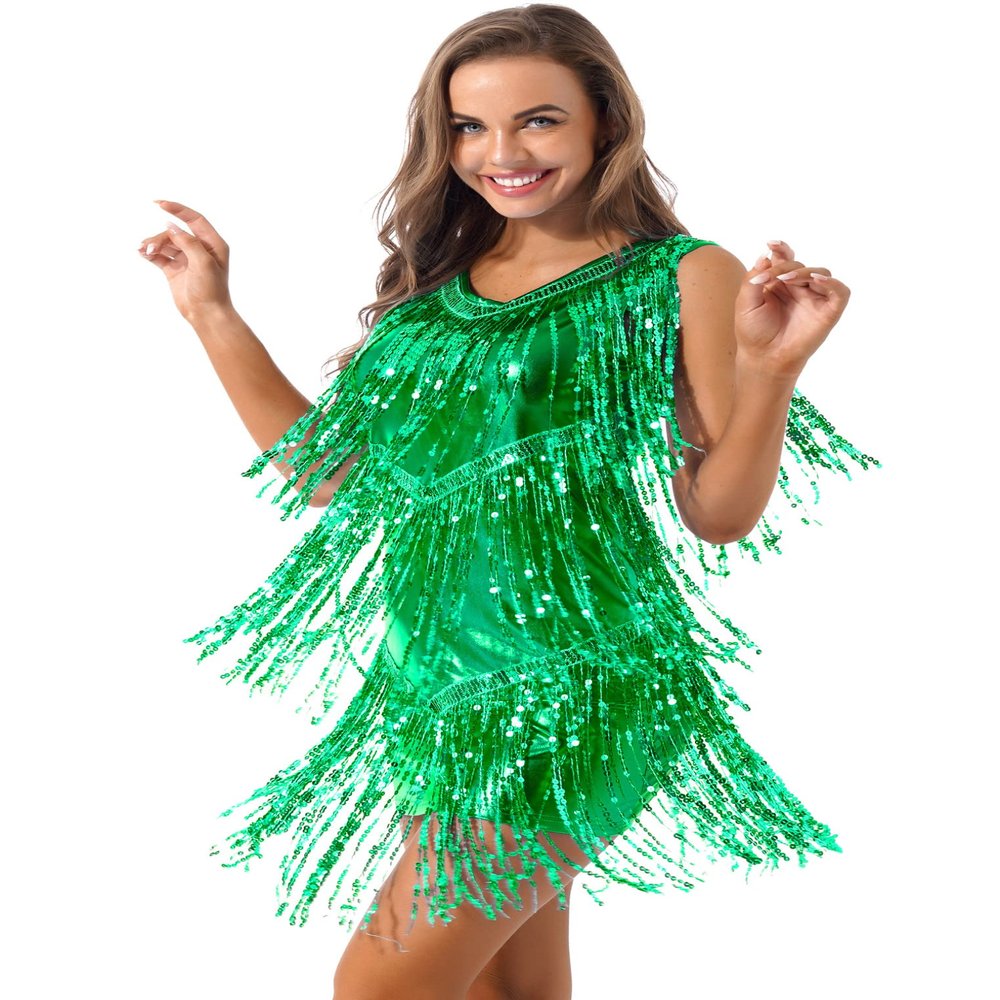 ACSUSS Women Shiny Sequins Ballroom Latin Dance Dress Salsa Tango Cha Cha Costumes Dress Green Large
