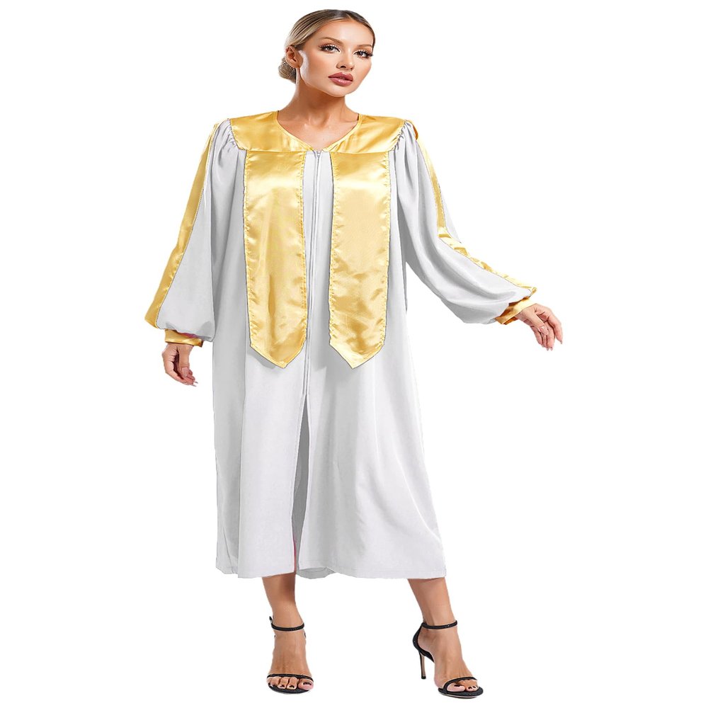JEATHA Unisex Adult Choir Robe for Church Baptism V-neck Long Sleeve Color Block Zipper Gown Costumes White XX-Large