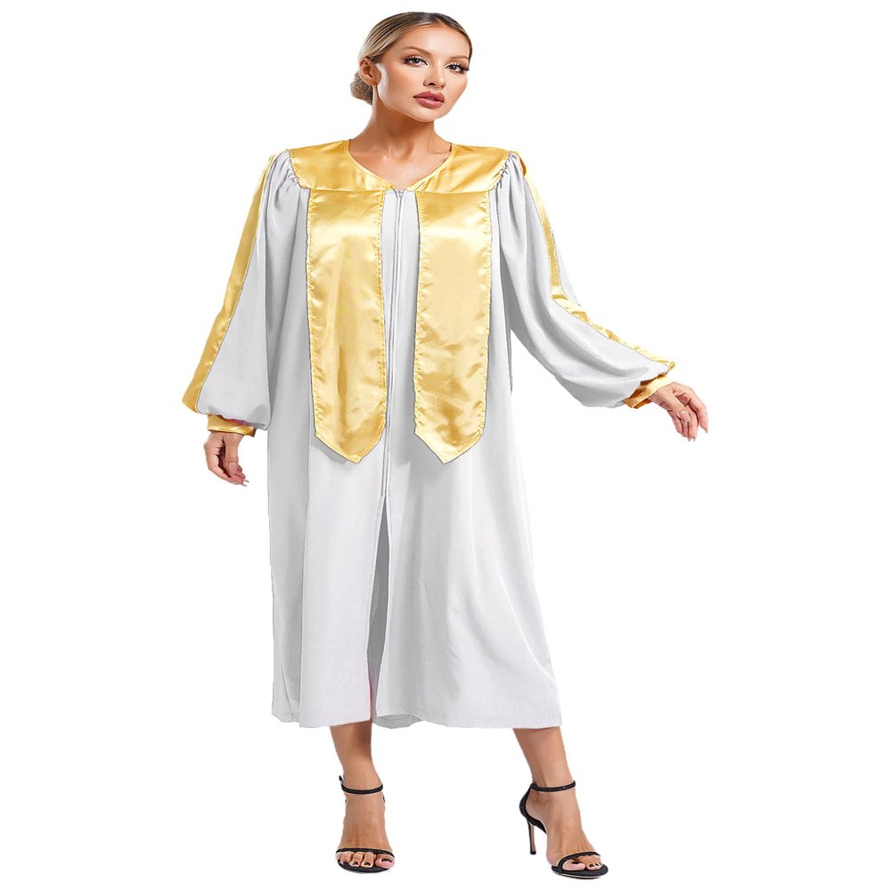ACSUSS Unisex Womens Mens Choir Pastor Robe Retro V-neck Long Sleeve Color Block Zipper Cosplay Costume White Large