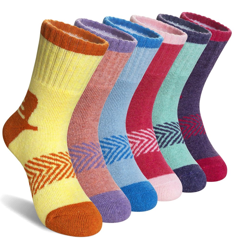 AMENLAN Kids Merino Wool Hiking Socks Boy Girls Winter Thick Boot Cushion Warm Thermal Crew Socks 6 Pairs (Colorful Stripes,4-7 Years)