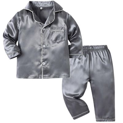 2-Piece Silk ajamas Set for Kids Toddler Boy Girl Long Sleeve Satin leepwear Button Down (Grey, 6-7 Years)