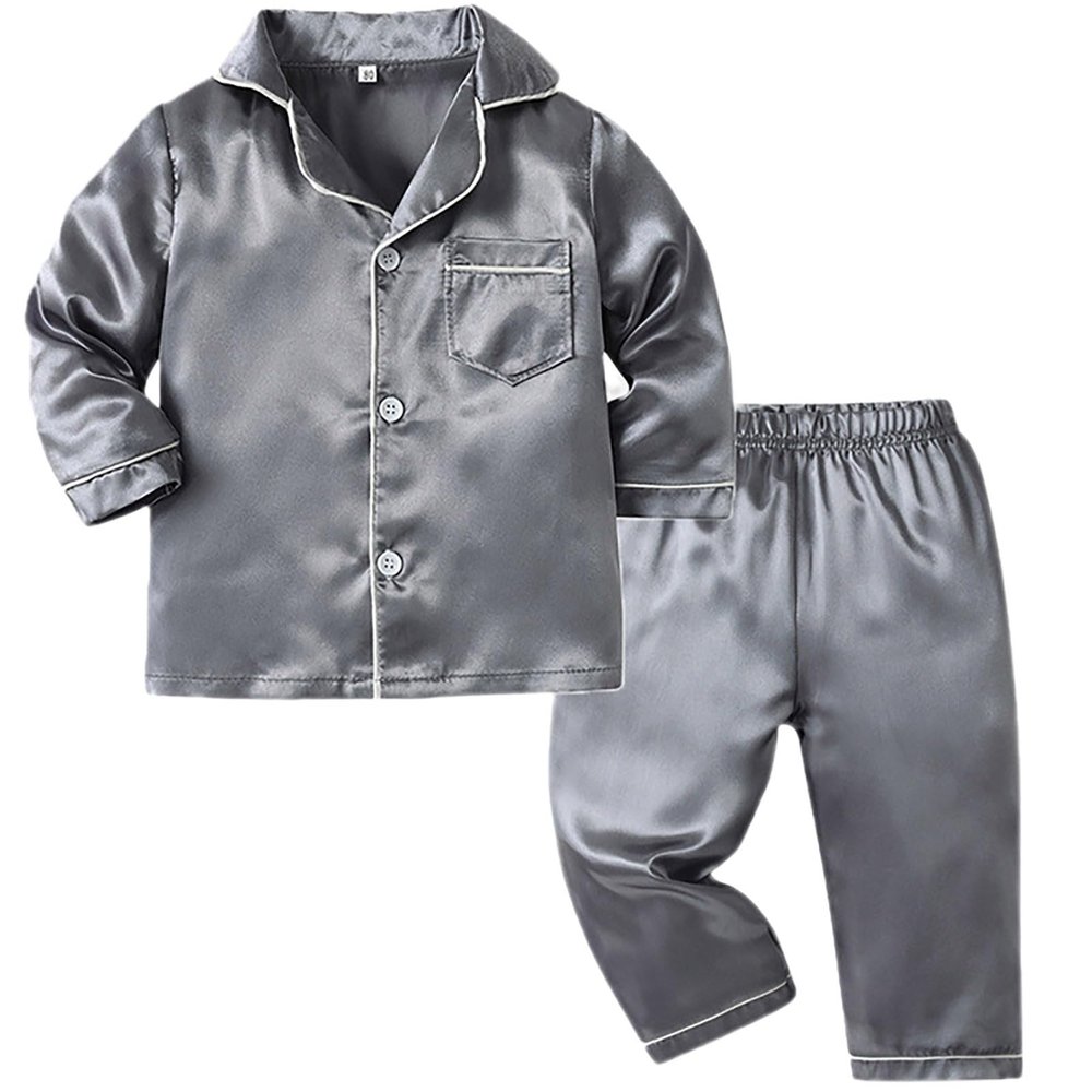 2-Piece Silk ajamas Set for Kids Toddler Boy Girl Long Sleeve Satin leepwear Button Down (Grey, 6-7 Years)