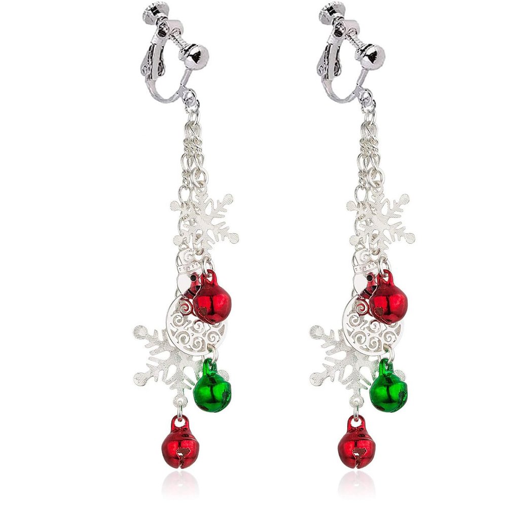 Christmas Clip on Earrings for Women Non Pierced Screw Back Red Green Snowflake Jingle Bell Dangling Holiday Colourful Festival Party Dangle Drop Jewelry