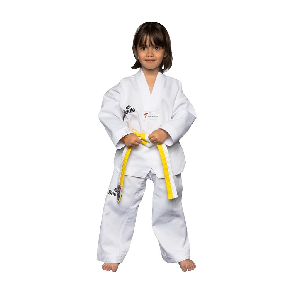 Daedo Taekwondo Beginner Uniform - WT Recognized, International Standards, White V-Neck, Includes Pants & Belt, Height - 140 cm