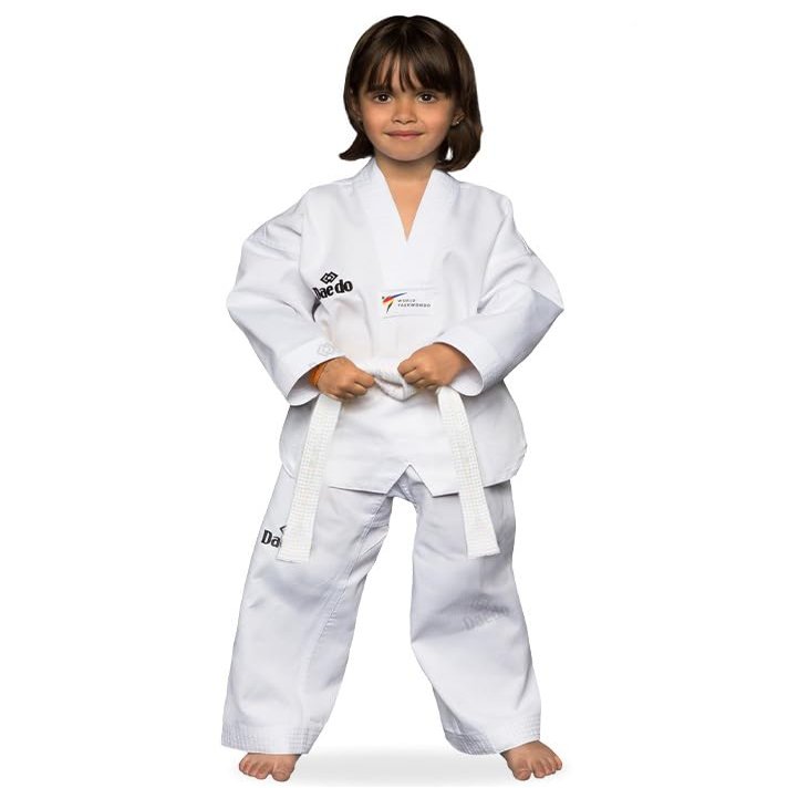 Daedo Taekwondo Beginner Uniform - WT Recognized, International Standards, White V-Neck, Includes Pants & Belt, Height - 150 cm