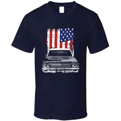 1970 Chevy Impala Classic Car Front Grill View with United States Flag T Shirt S Navy
