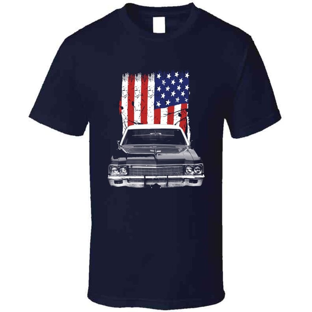 1970 Chevy Impala Classic Car Front Grill View with United States Flag T Shirt S Navy