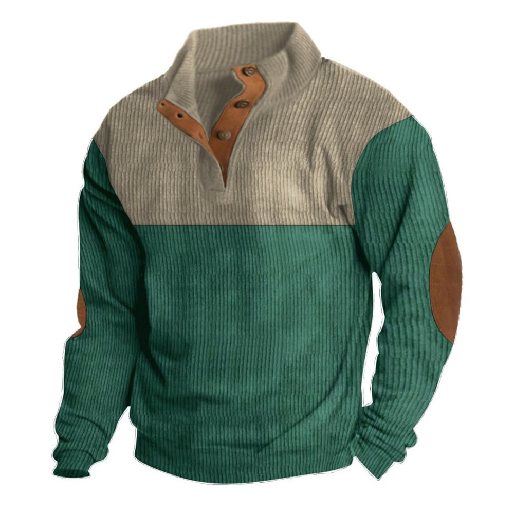 Corduroy Casual Long Sleeve Button Henley Neck Sweatshirt with Stand Collar