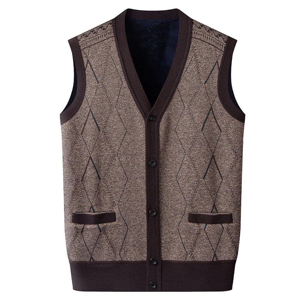 ZYXTIM Mens Sleeveless Sweater Knitted Argyle Vest Vest V-Neck Button Down Lightweight Warm Cozy Cardigan Vest with Pocket(A-Coffee,XX-Large)