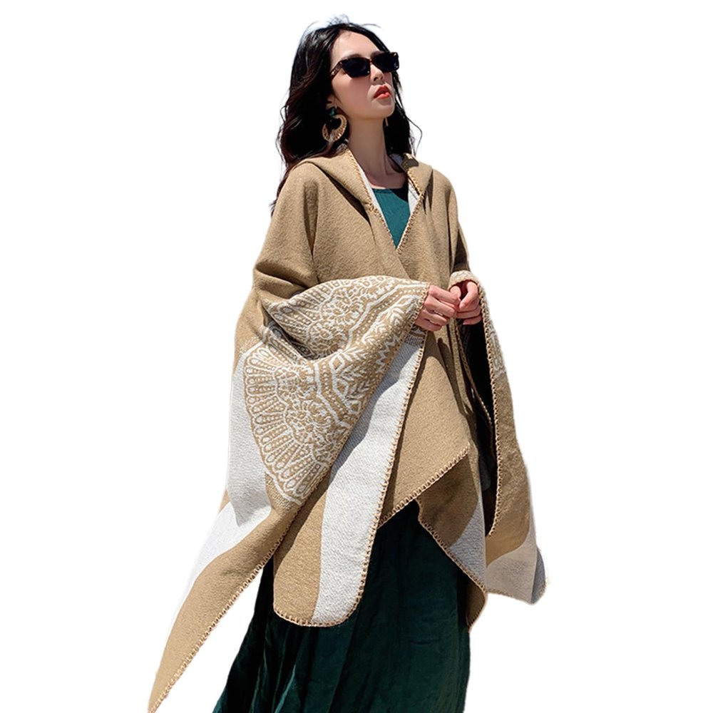 Dsgzkk Bohemian Hooded Poncho Cape Shawl Wrap for Women Winter Autumn Warm Knitted Blanket Open Front Sweater Coat Cardigan