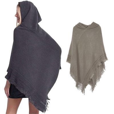 Dsgzkk Shawl,Women Winter Knitted Hooded Poncho Cape Solid Color Crochet Fringed Shawl Wrap Oversized Pullover Cloak Sweater