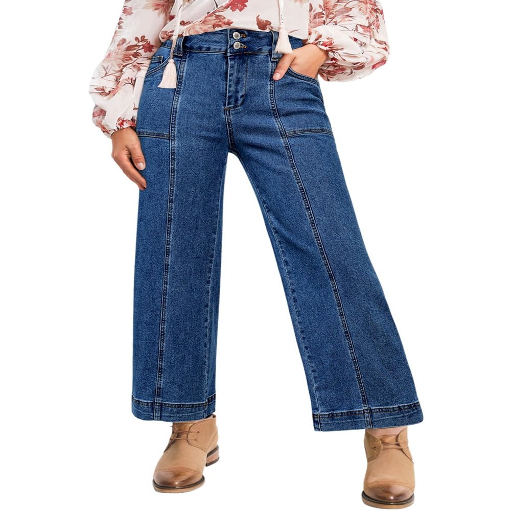 Astylish Womens High Rise Solid Wide Leg Denim Pants Cropped Straight Leg Jeans Dark Blue