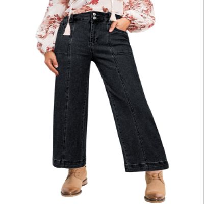 Astylish Womens High Waisted Straight Leg Jeans Cropped Wide Leg Denim Pants Black