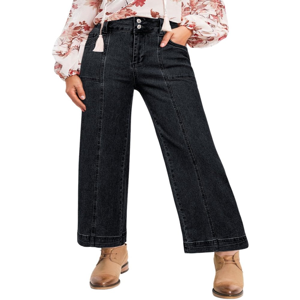 Astylish Womens High Waisted Straight Leg Jeans Cropped Wide Leg Denim Pants Black