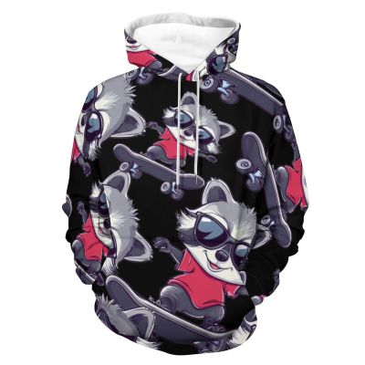 Raccoon Cool Skateboard Unisex Hoodies 3D Printed Pullover Sweatshirt Casual Hooded Sweater TopsM