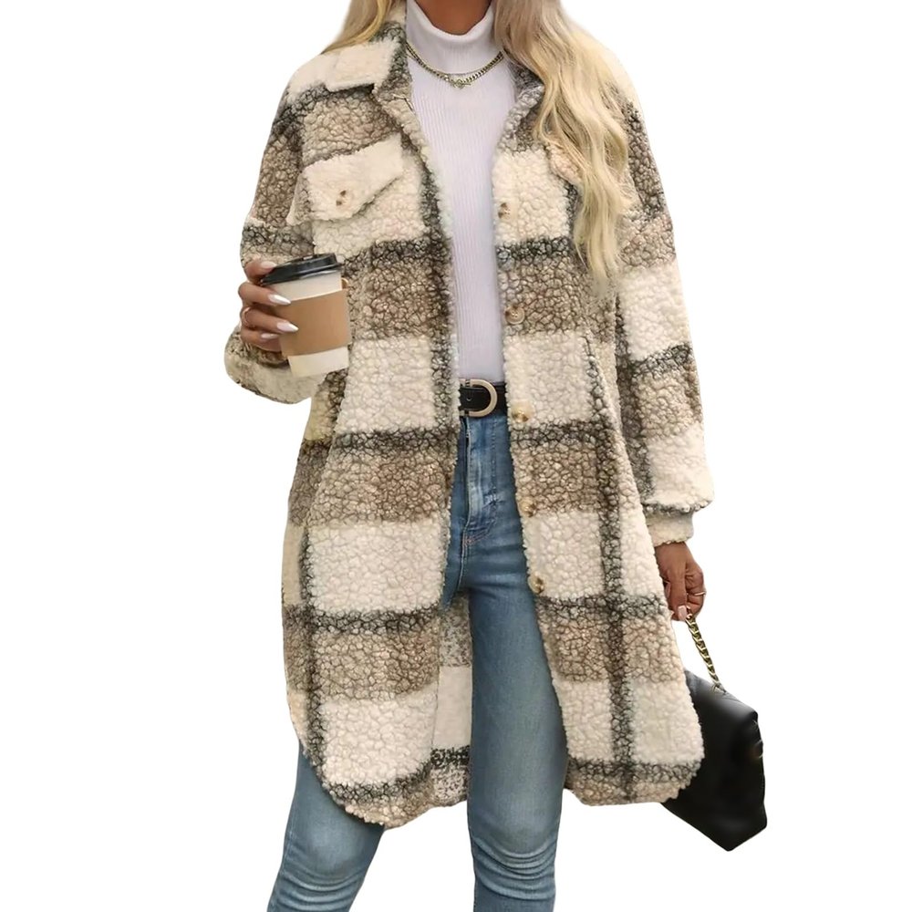 Women's Long Flannel Plaid Jacket Shacket Casual Mid Length Shepa Overcoats