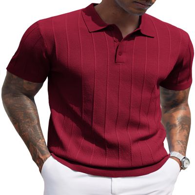 COOFANDY Mens Golf Shirt Ribbed Knitted Polo Shirts Business Casual Polos Shirt Vintage Textured Collared Shirts Trendy Summer Clothes 2025 Wine Red